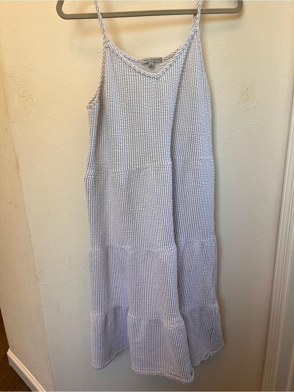 Green Envelope Lavender-Striped Seersucker Tiered Maxi Dress
